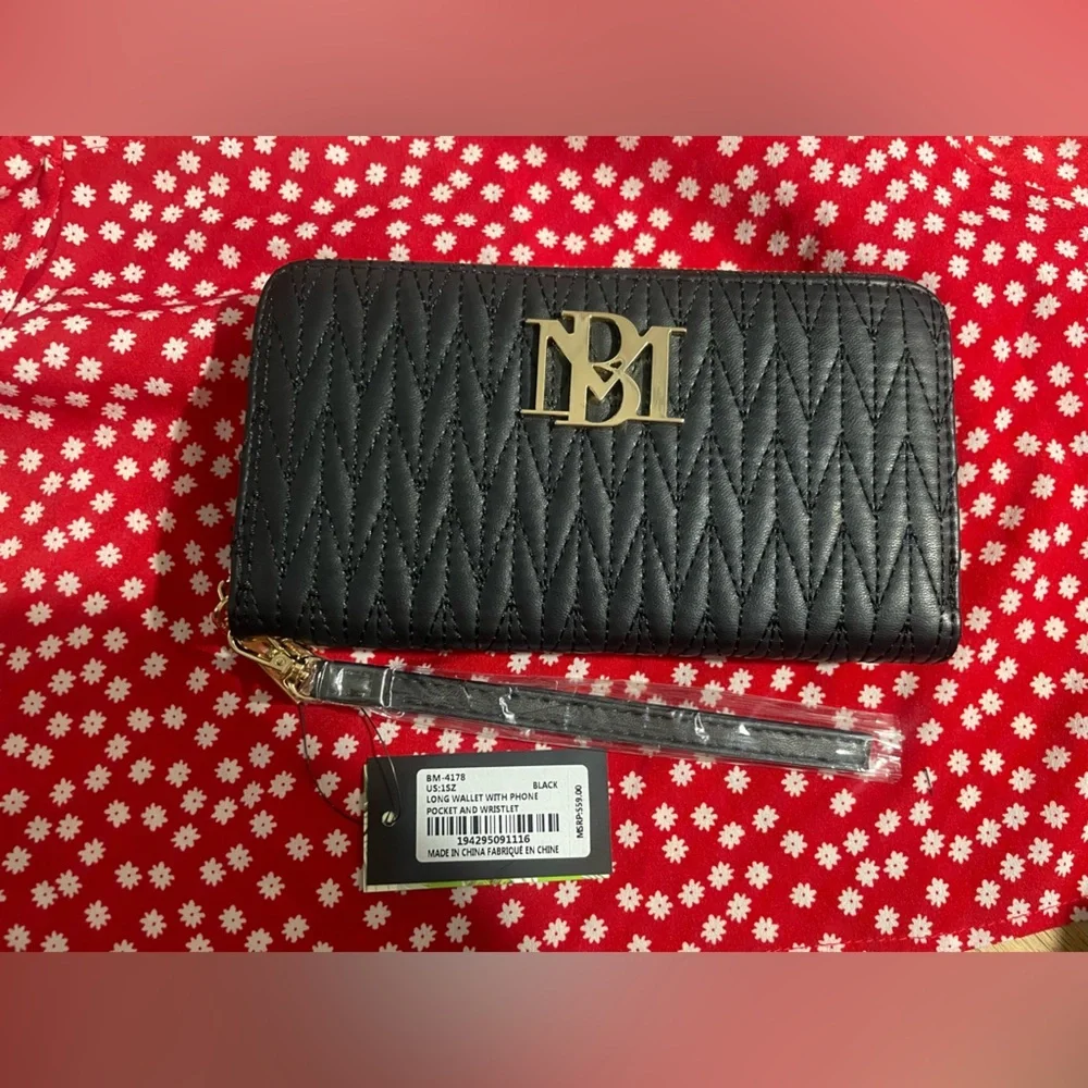 Badgley Mischka Braid Quilting Long Wallet Clutch Bag Metallic Black